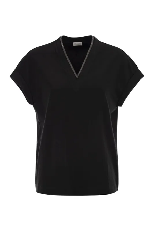 STRETCH COTTON JERSEY T-SHIRT WITH PRECIOUS NECKLINE made by Brunello Cucinelli