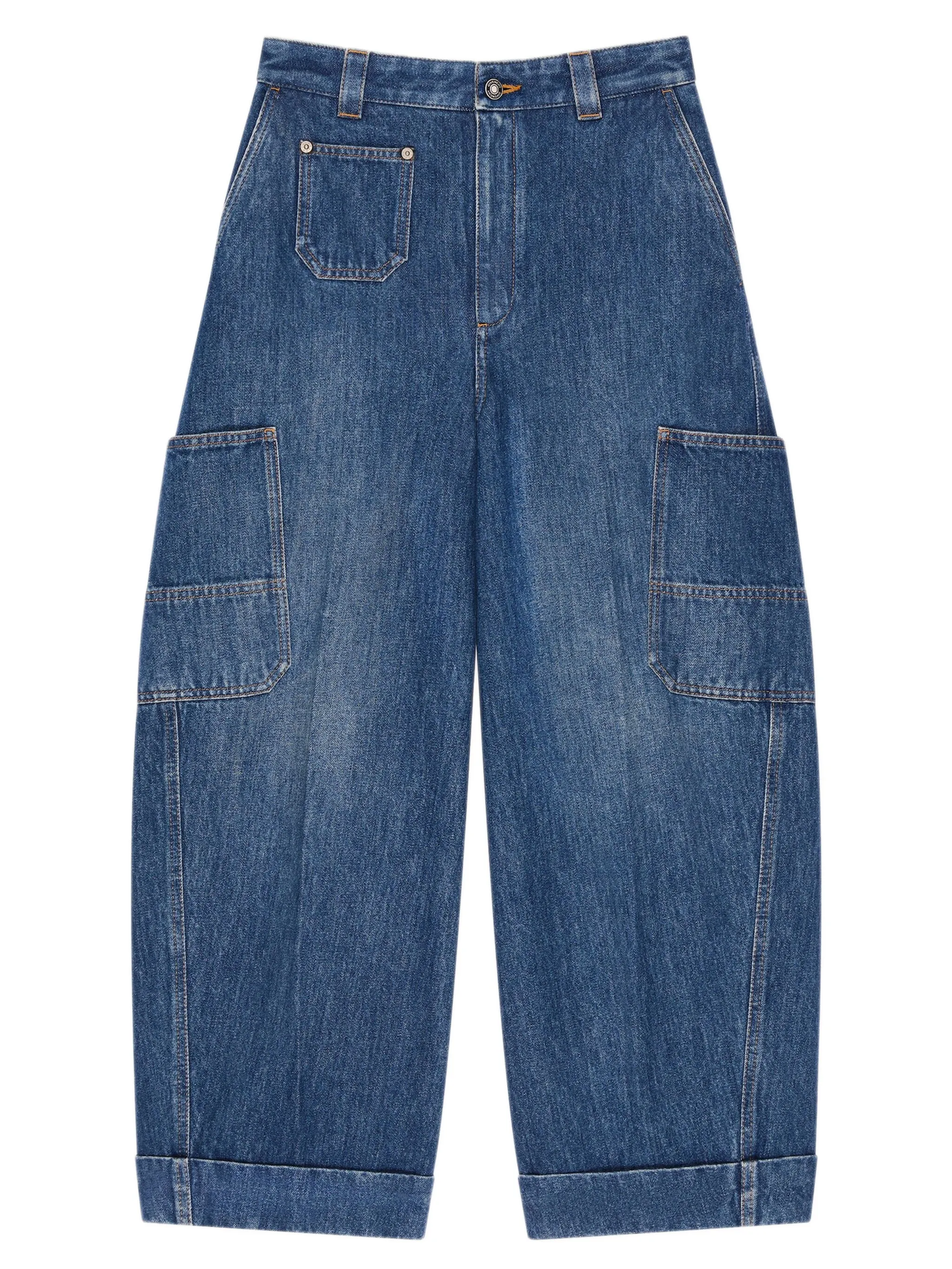 CROPPED COCOON CARGO JEANS IN MEDIUM BLUE sold by Lord & Taylor