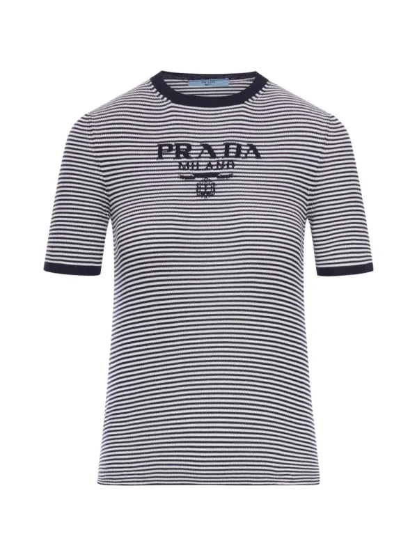 STRIPED SILK CREWNECK SWEATER WITH LOGO made by Prada