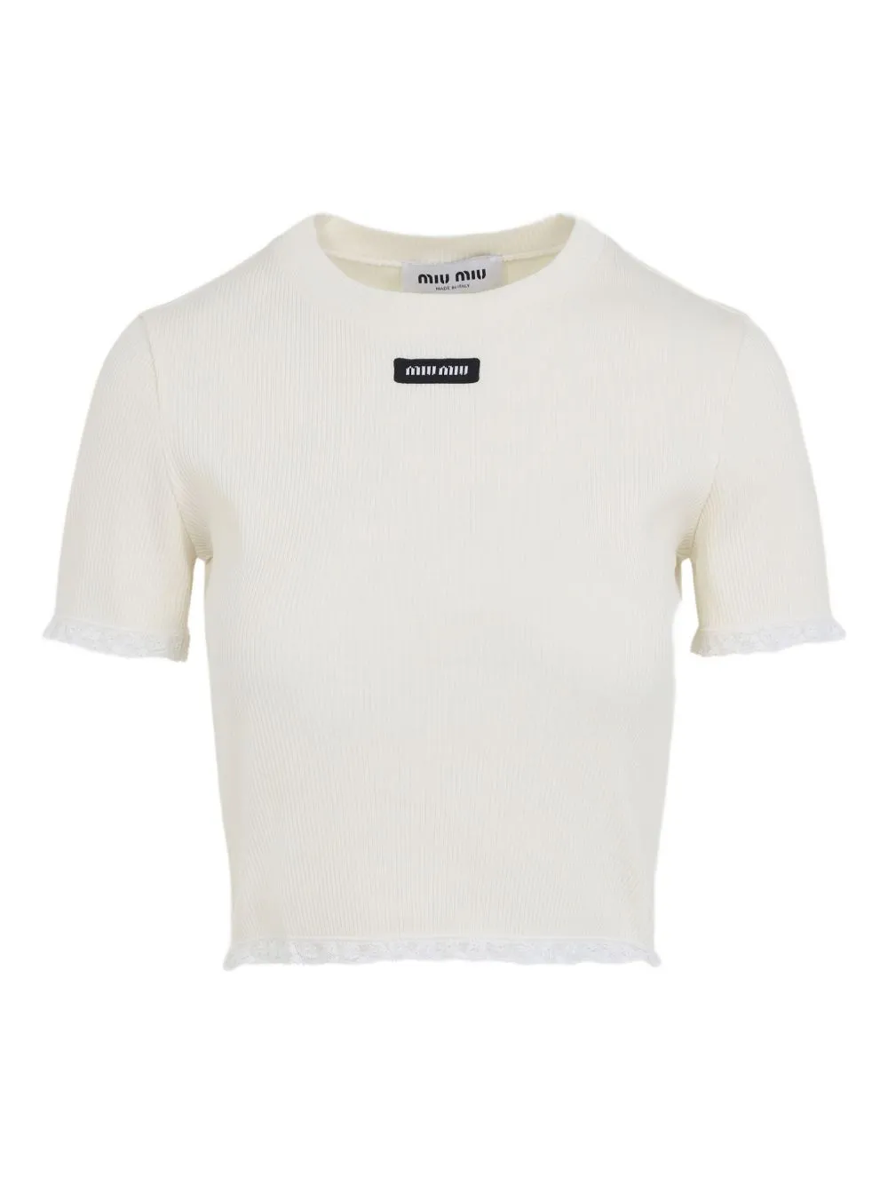 MIU MIU CROPPED RIBBED TOP WITH LACE TRIM sold by Lord & Taylor