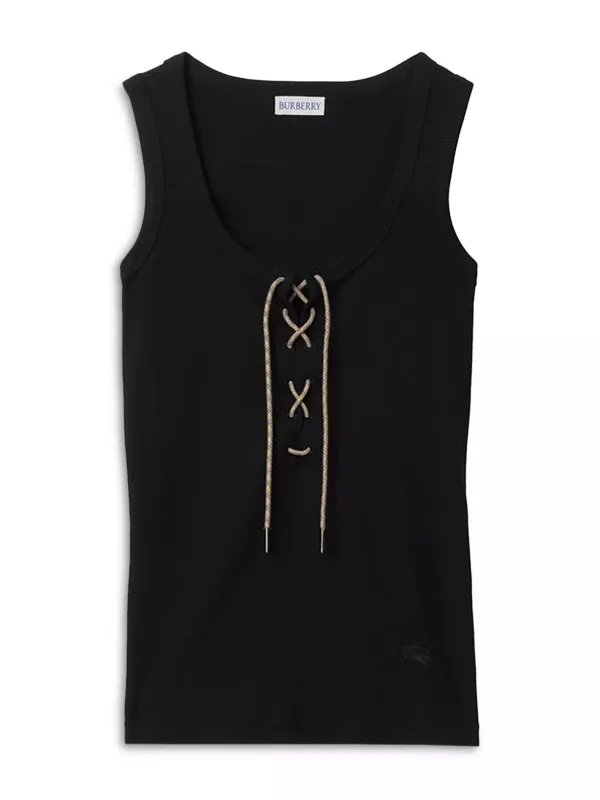 COTTON BLEND TANK TOP WITH CHECK TRIM sold by Lord & Taylor