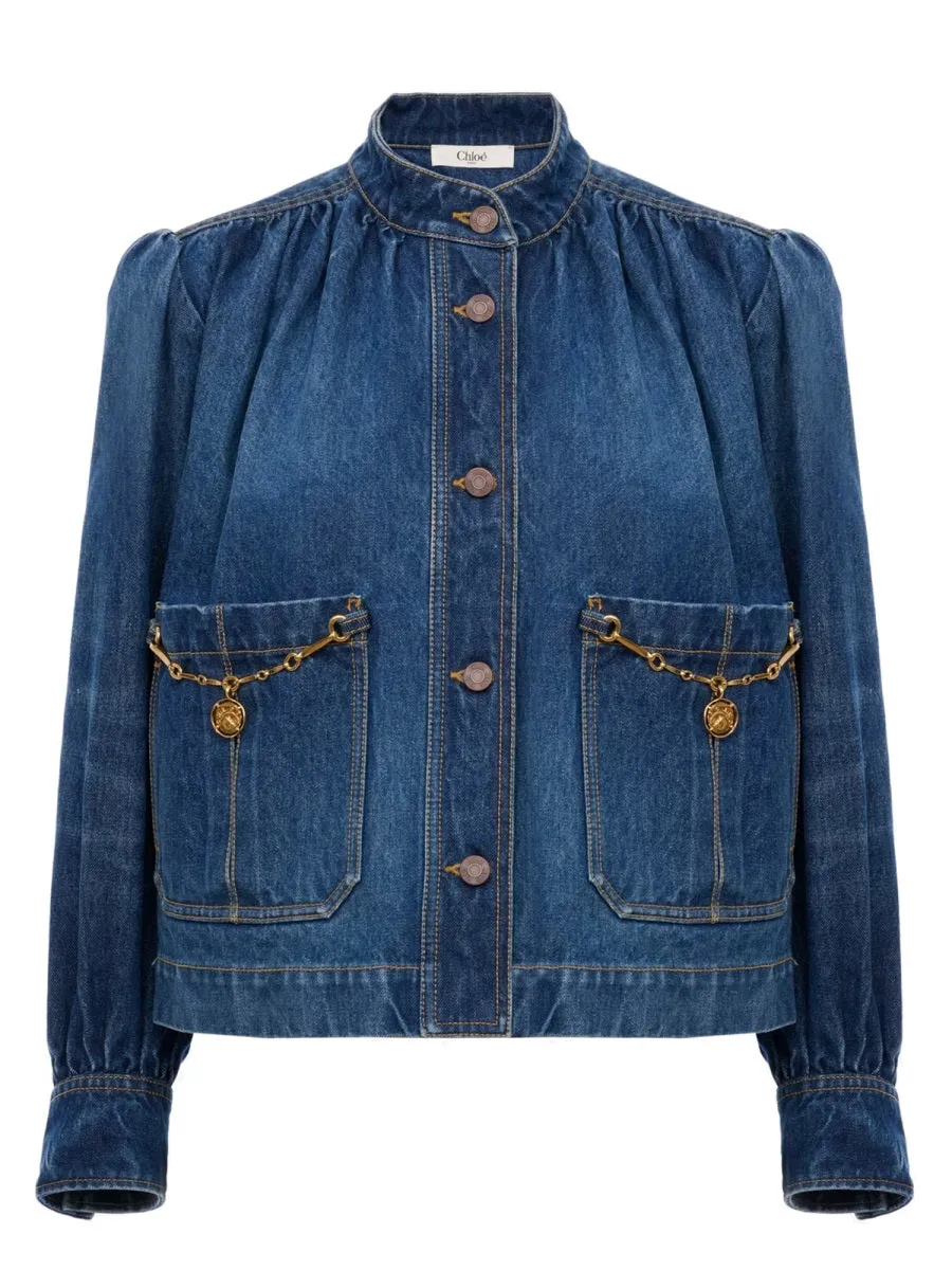 DENIM HIGH NECK GATHERED JACKET sold by Lord & Taylor