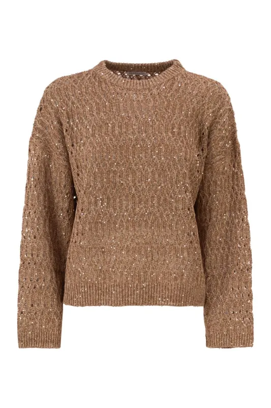 LINEN OPENWORK CREW NECK JUMPER WITH SEQUINS made by Brunello Cucinelli