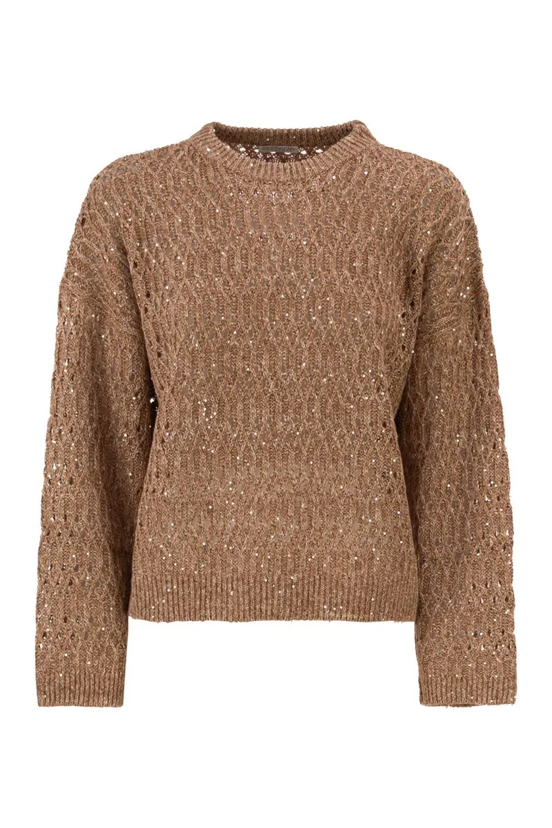 LINEN OPENWORK CREW NECK JUMPER WITH SEQUINS sold by Lord & Taylor
