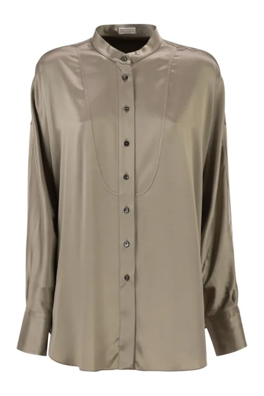STRETCH SILK SATIN MANDARIN COLLAR SHIRT WITH NECKLACE sold by Lord & Taylor