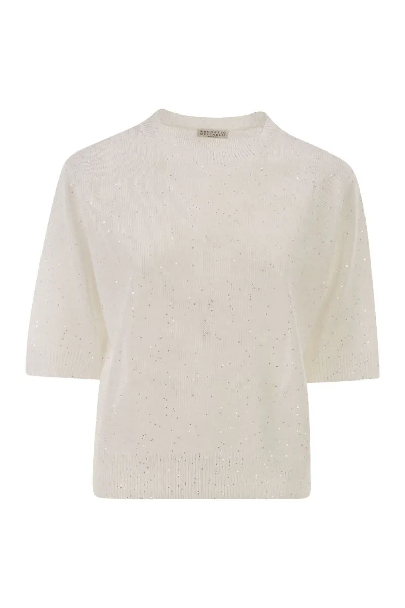 SHORT-SLEEVED CREW NECK JUMPER IN LINEN AND COTTON WITH SEQUINS sold by Lord & Taylor