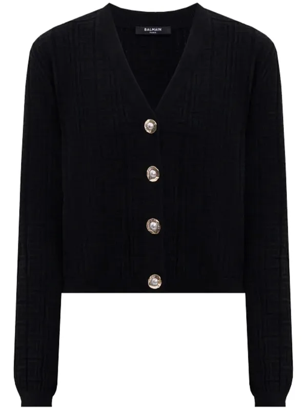 BLACK WOOL POLYAMIDE SHORT CARDIGAN made by Balmain