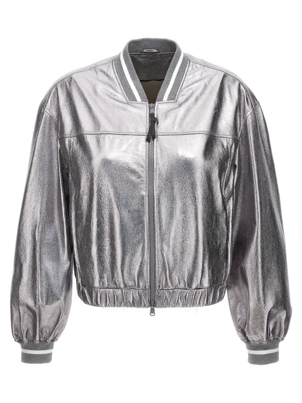 Laminated leather bomber jacket sold by Lord & Taylor
