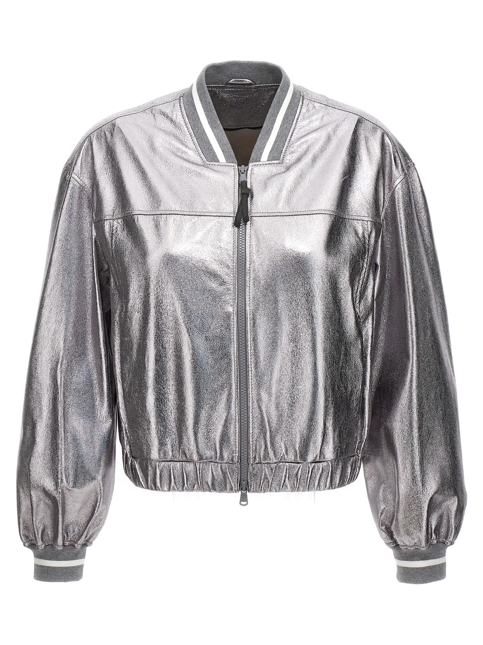 Laminated leather bomber jacket sold by Lord & Taylor