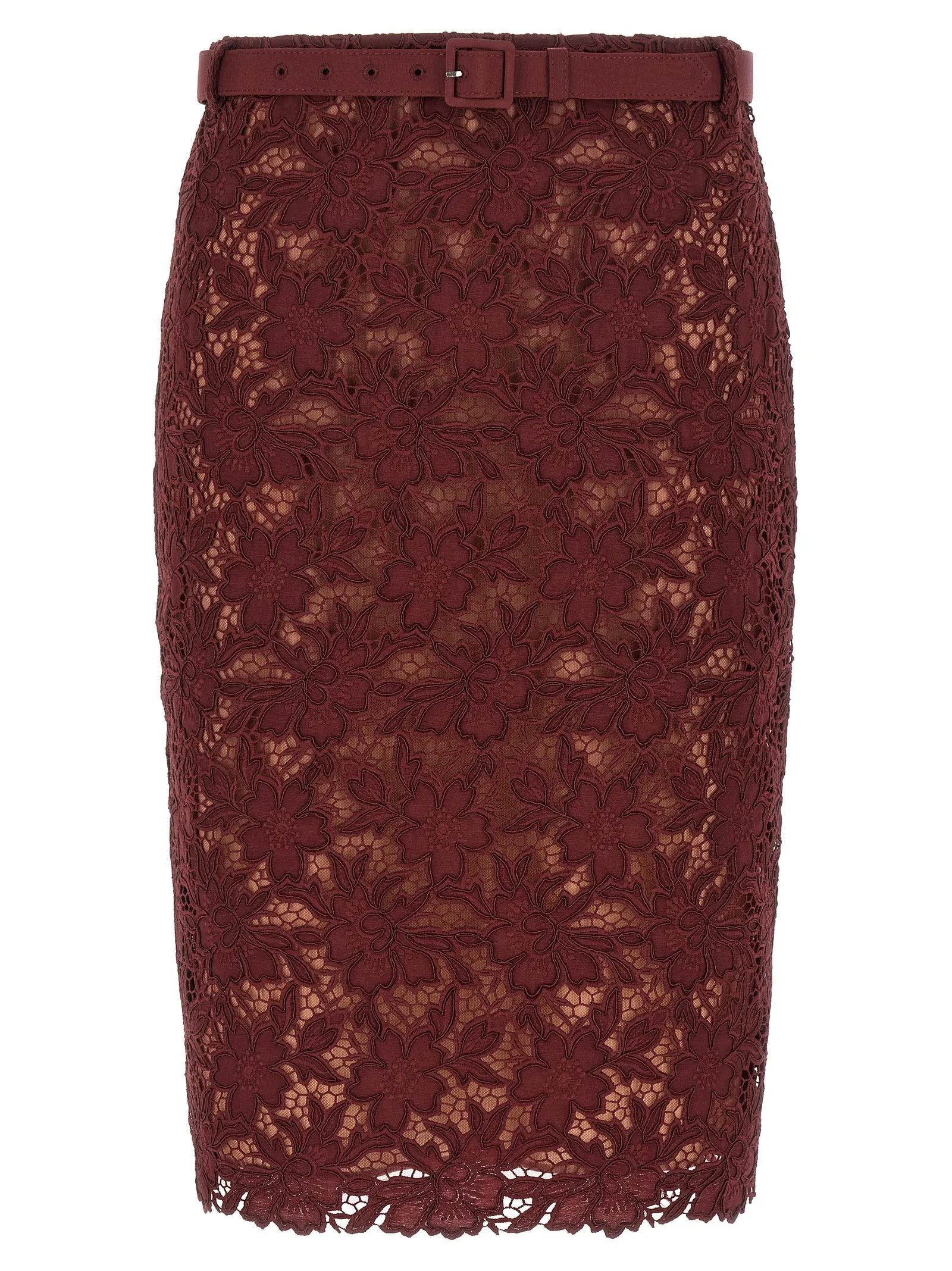 'Burgundy Guipure Lace Midi' skirt sold by Lord & Taylor