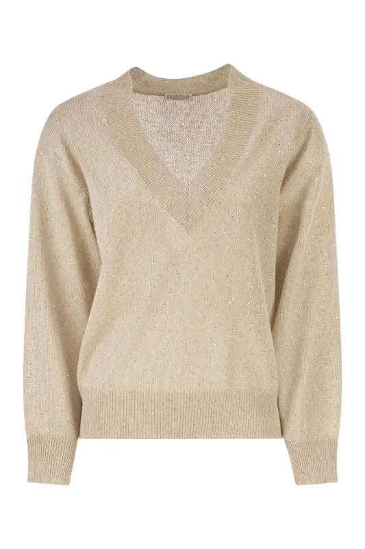 V-NECK LINEN AND COTTON JUMPER WITH SEQUINS AND LONG SLEEVES made by Brunello Cucinelli