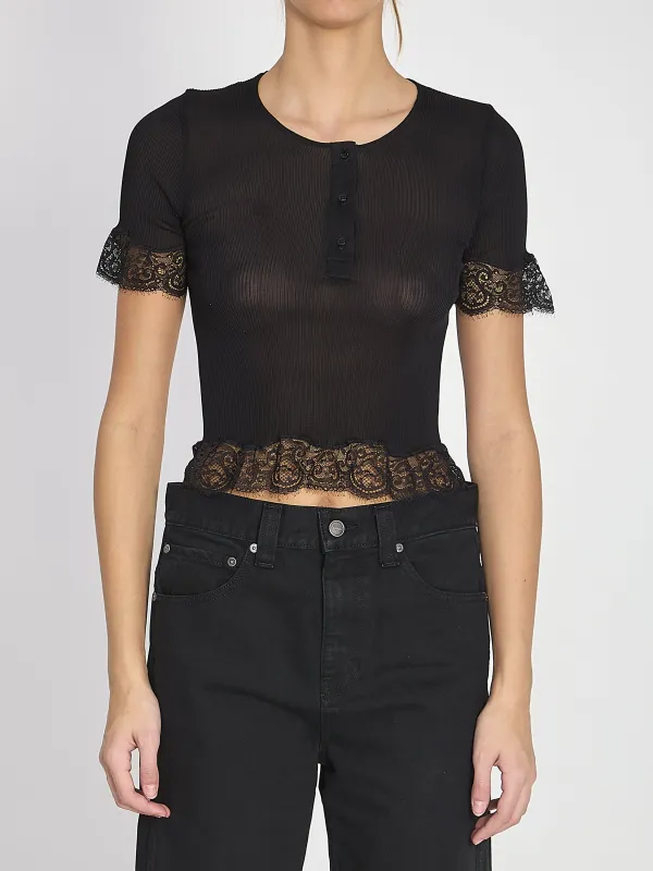 Silk jersey and lace t-shirt made by Yves Saint Laurent