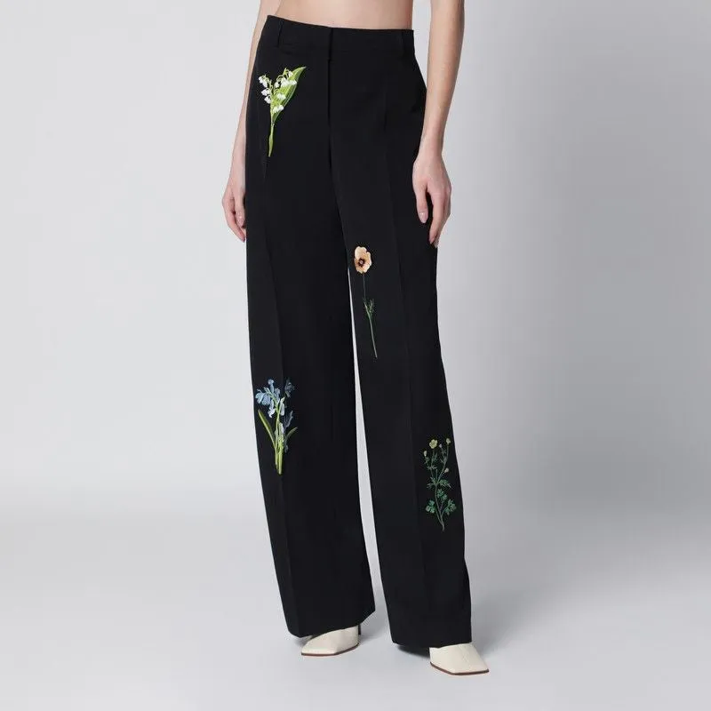 BLACK WOOL TROUSERS WITH FLORAL EMBROIDERY sold by Lord & Taylor
