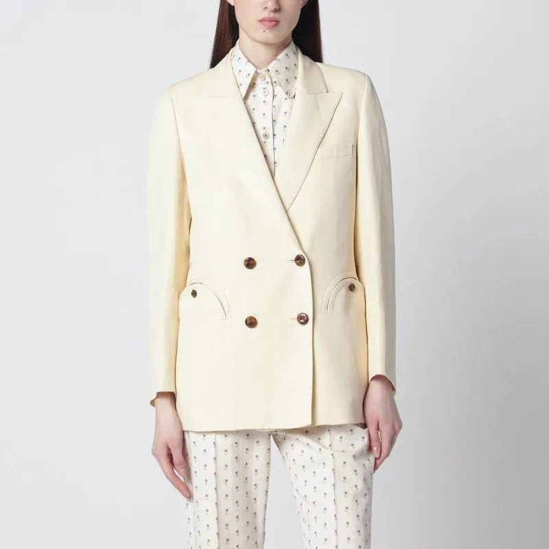 BUTTERCOLOURED DOUBLEBREASTED JACKET IN LINEN AND SILK sold by Lord & Taylor