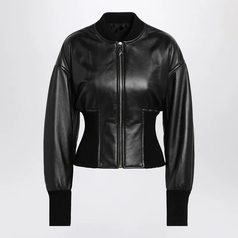 BLACK LEATHER BOMBER JACKET WITH BAND DETAIL sold by Lord & Taylor