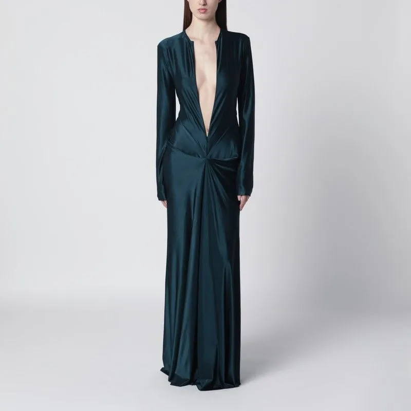 DARK AQUA GREEN LONG DRESS WITH FRONT ZIP made by Victoria Beckham