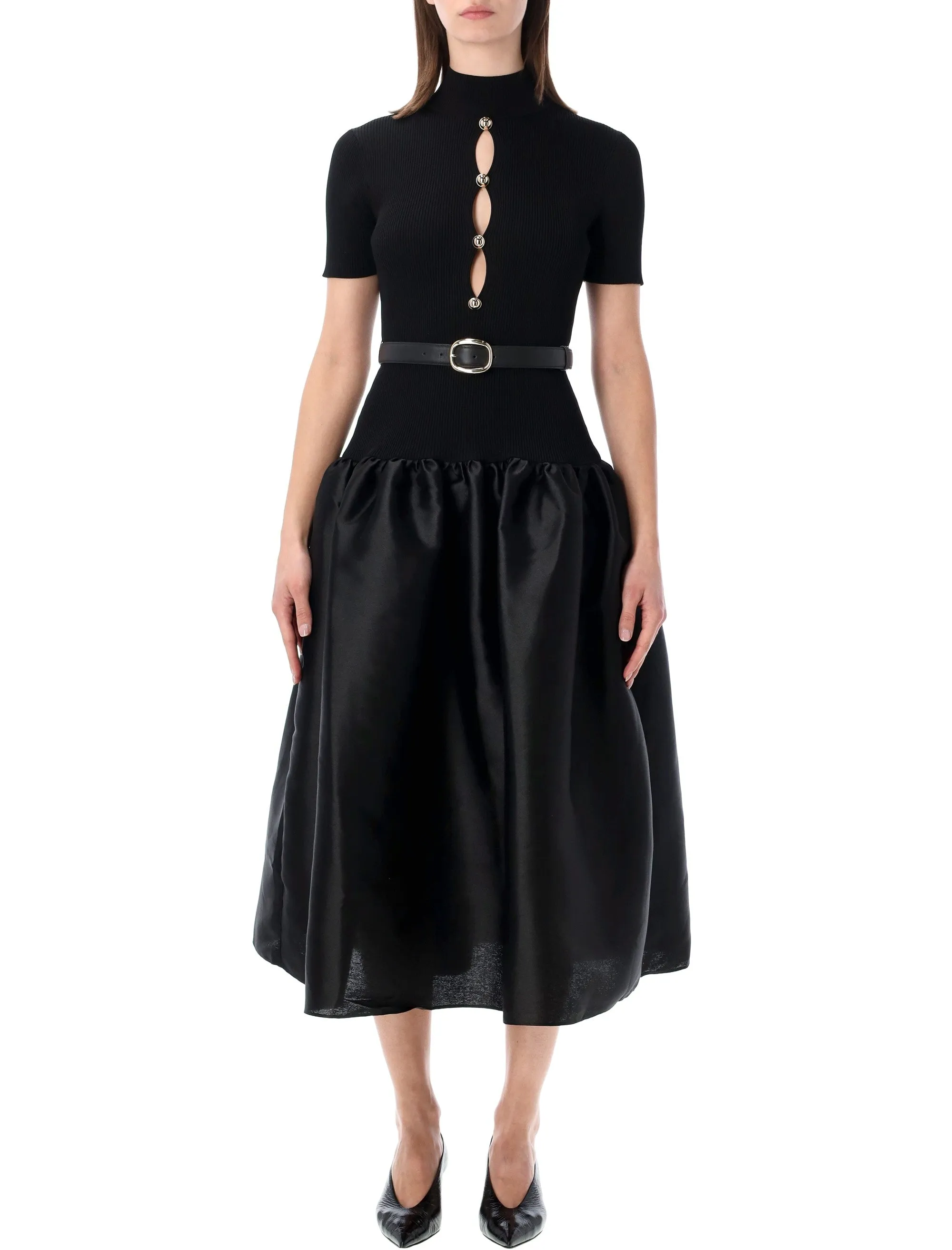 SELF-PORTRAIT BLACK KNIT AND TAFFETA MIDI DRESS sold by Lord & Taylor