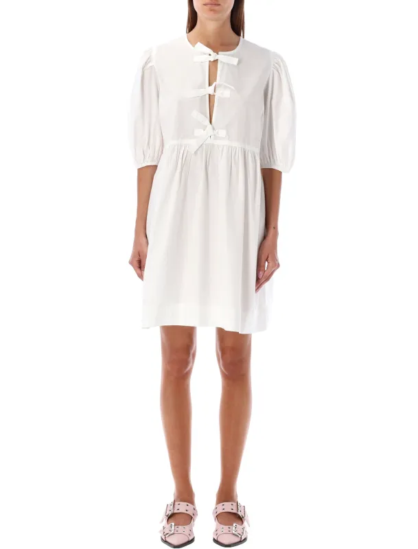 GANNI WHITE COTTON POPLIN MINI DRESS WITH BOWS made by Ganni