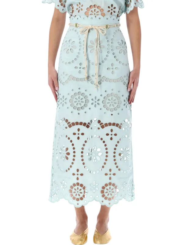 ZIMMERMANN AWAKEN LIGHT BLUE BRODERIE ANGLAISE MIDI SKIRT sold by Lord & Taylor