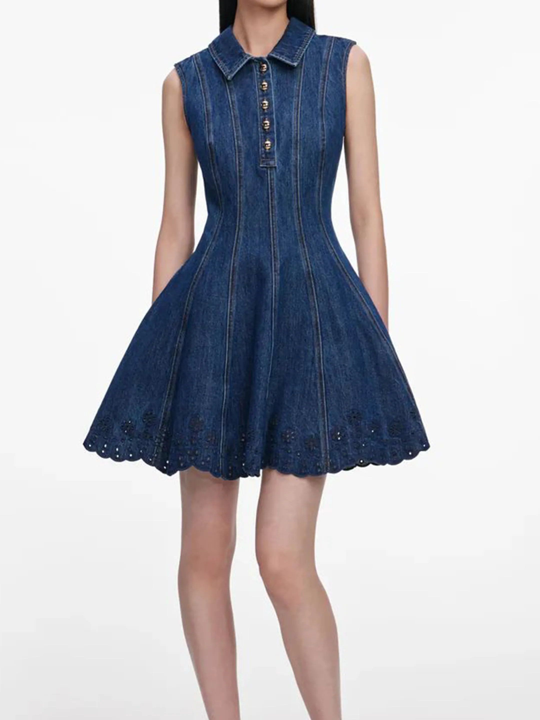 Denim broderie mini dress sold by Lord & Taylor