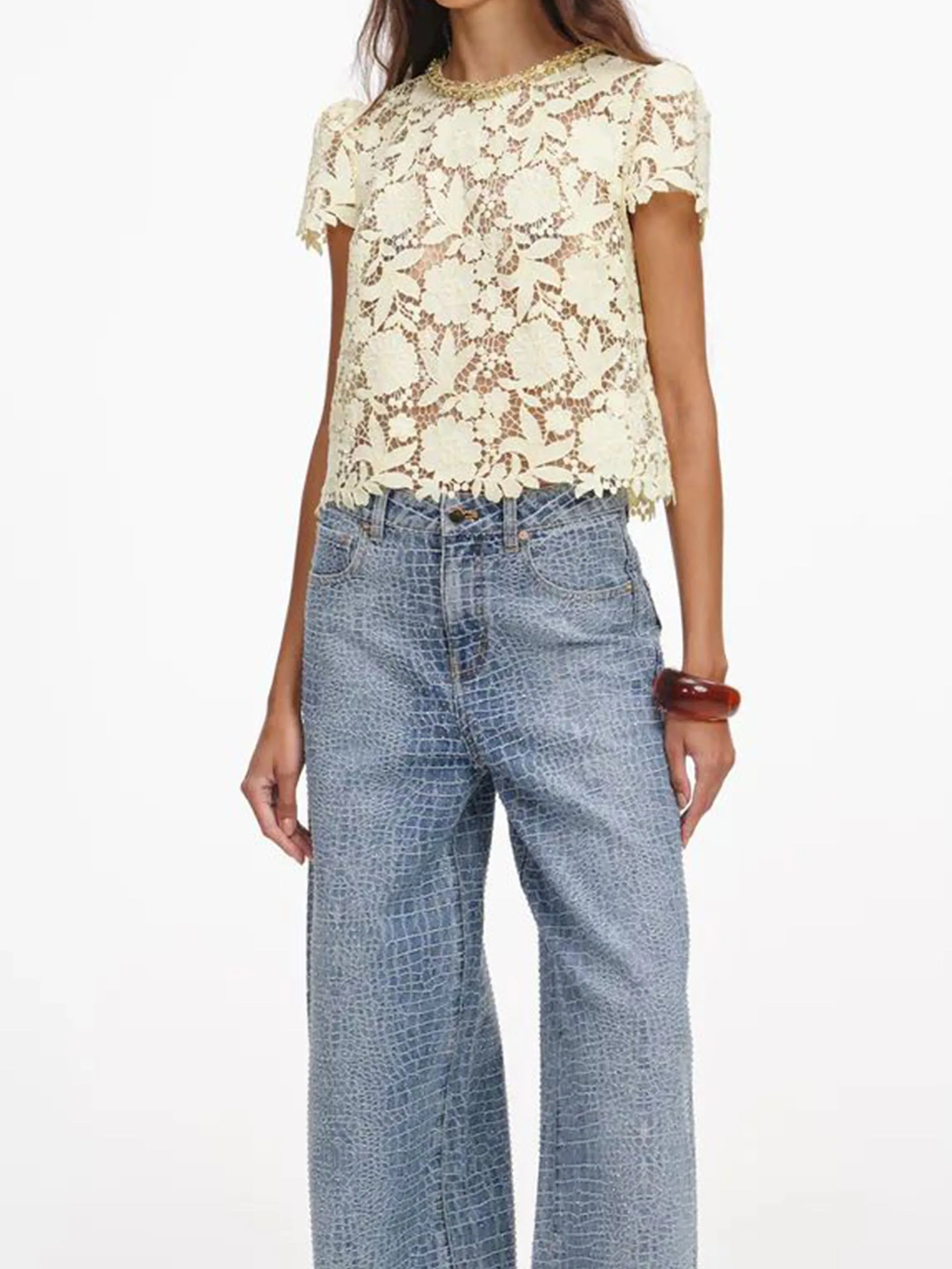 Yellow lace top sold by Lord & Taylor product image thumbnail 2