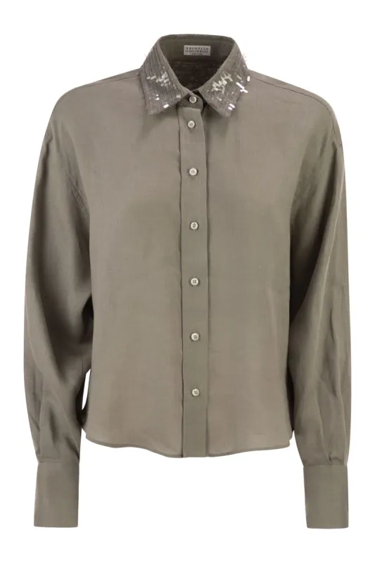 LINEN SHIRT WITH SEQUIN-EMBROIDERED COLLAR made by Brunello Cucinelli
