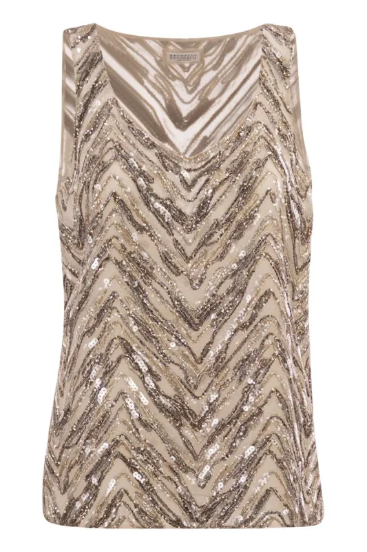 CRISPY SILK TOP WITH DAZZLING CHEVRON EMBROIDERY made by Brunello Cucinelli