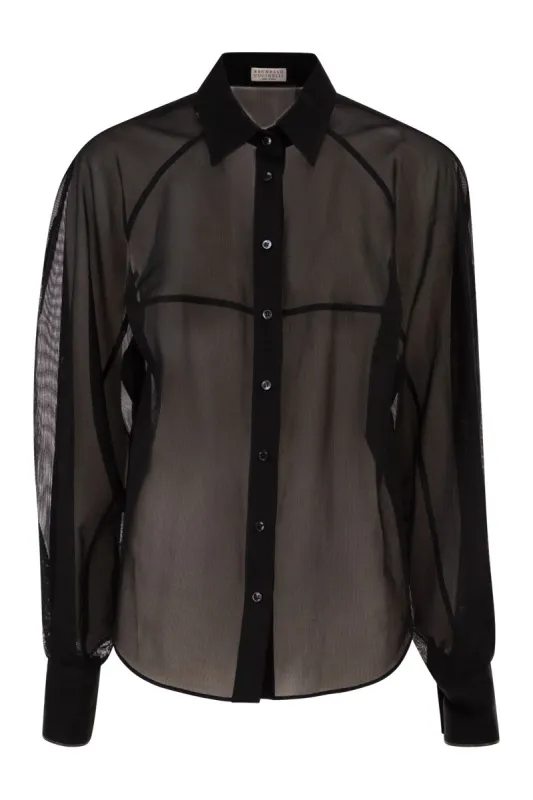 COTTON ORGANZA STRIPE SHIRT WITH NECKLACE made by Brunello Cucinelli