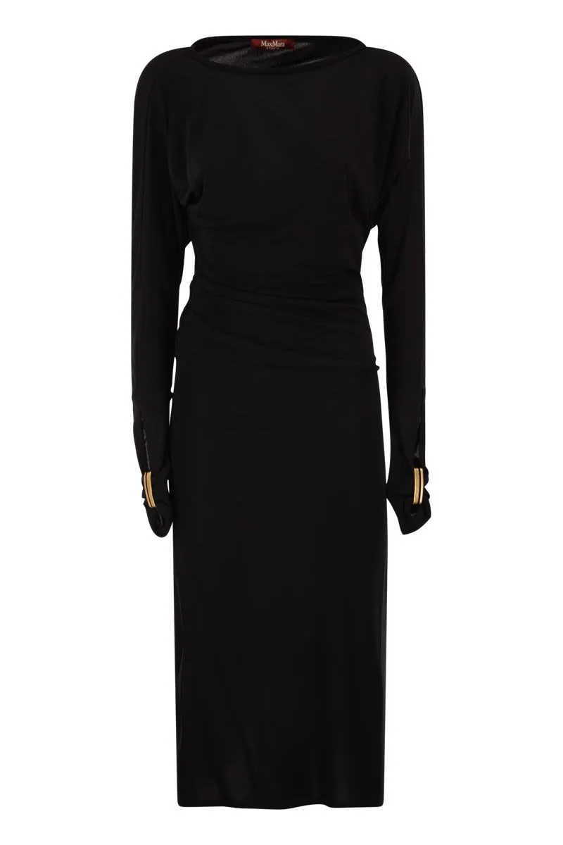 MSTSALVO - DRAPED VISCOSE JERSEY MIDI DRESS sold by Lord & Taylor