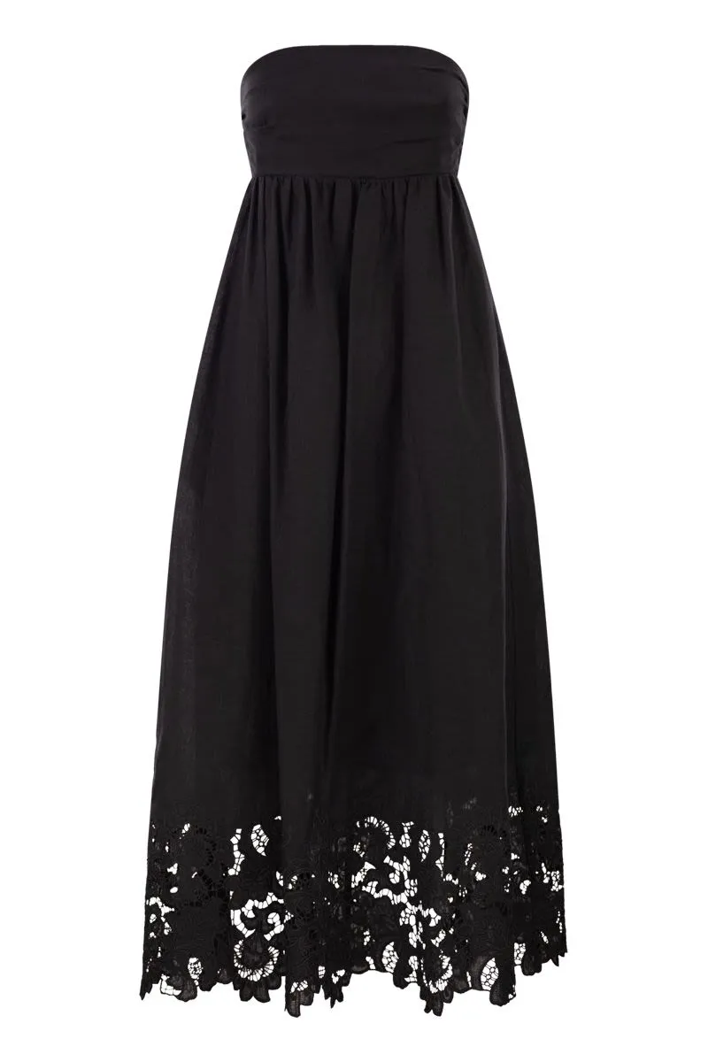 STRAPLESS LINEN DRESS WITH EMBROIDERED HEM sold by Lord & Taylor