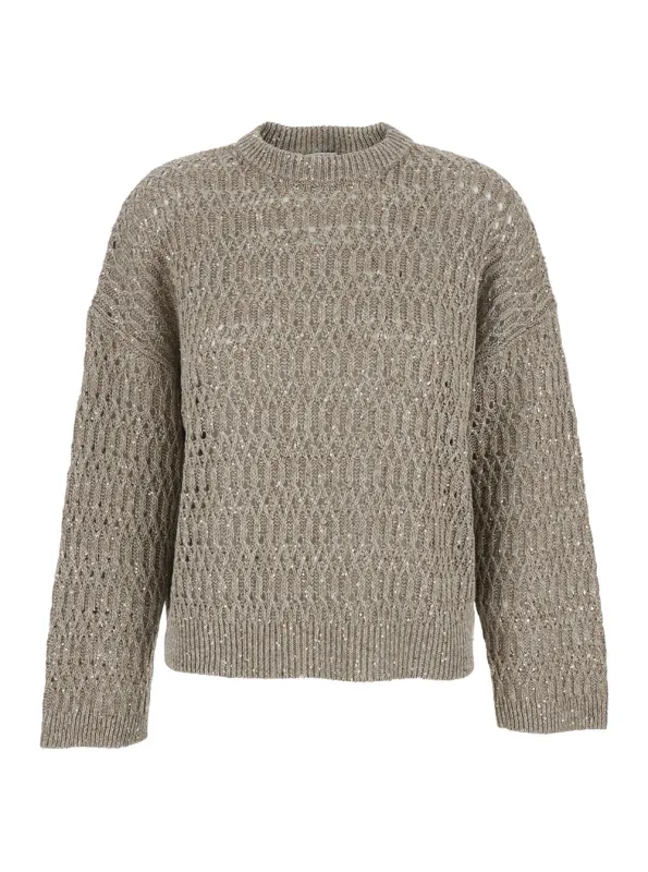 Round Neck Pullover Linen Beige made by Brunello Cucinelli