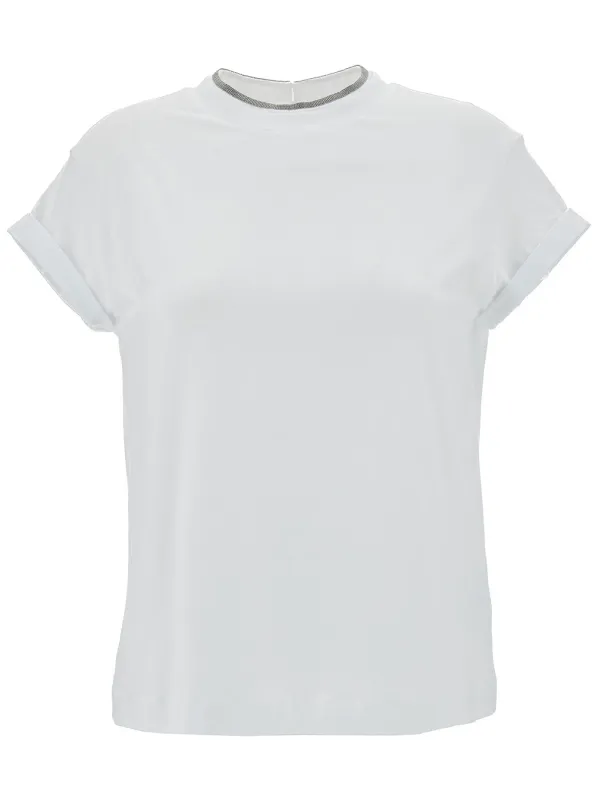 T-Shirt with Monile Detail White Cotton made by Brunello Cucinelli