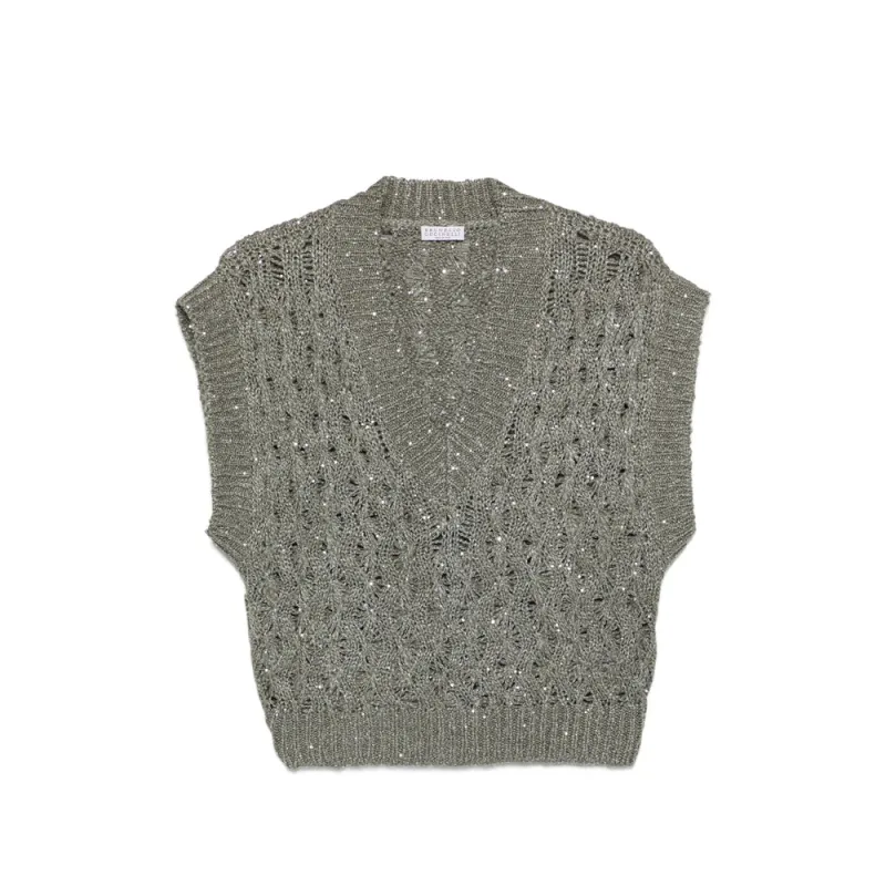 Sweater V-neck Sequin Grey made by Brunello Cucinelli