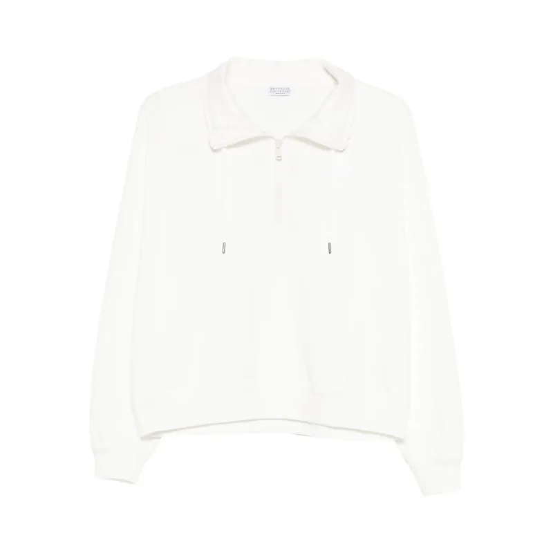 Sweatshirt Half-Zip White Silk-Cotton Blend made by Brunello Cucinelli