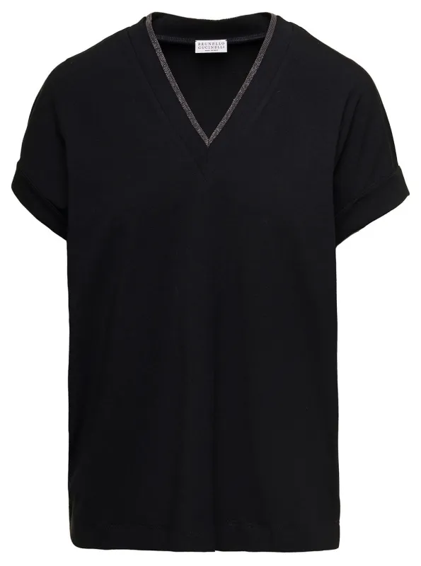 T-shirt V-neck Black Stretch Cotton made by Brunello Cucinelli