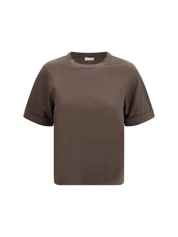 Cotton T-Shirt Dark Brown made by Brunello Cucinelli