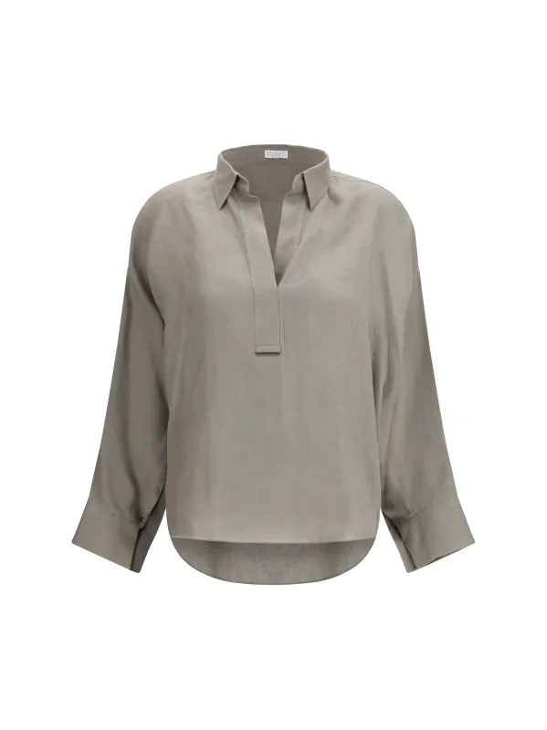 Blouse V-neck Khaki made by Brunello Cucinelli