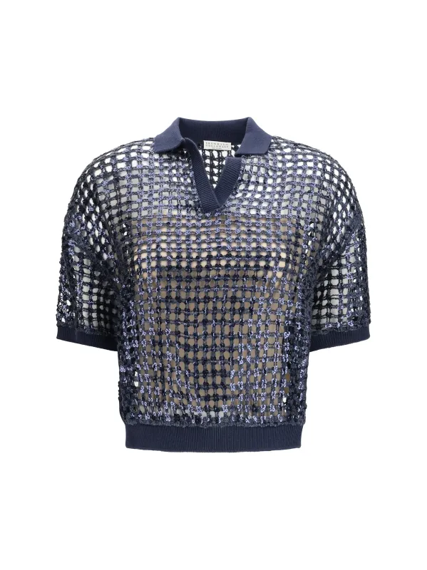 Openwork Sequin Polo Shirt Cool Blue made by Brunello Cucinelli