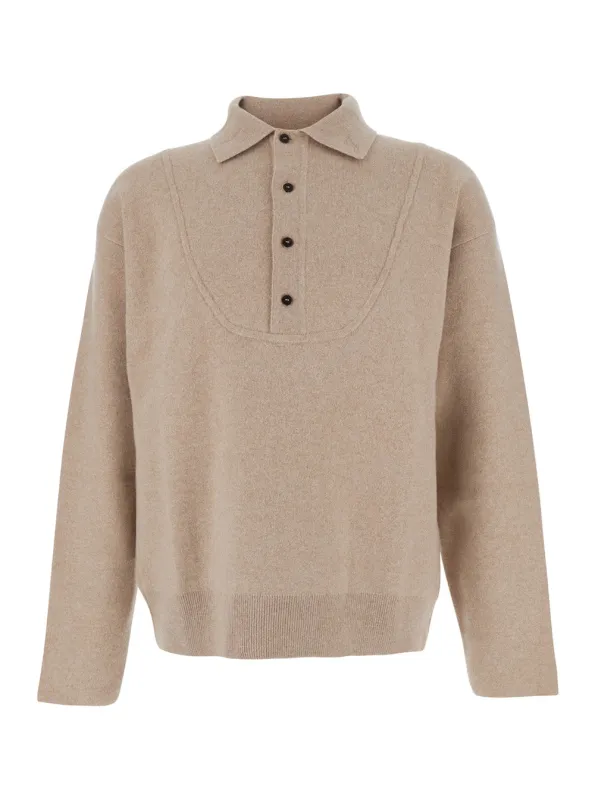 Beige Wool Sweater with Polo Collar made by Jacquemus
