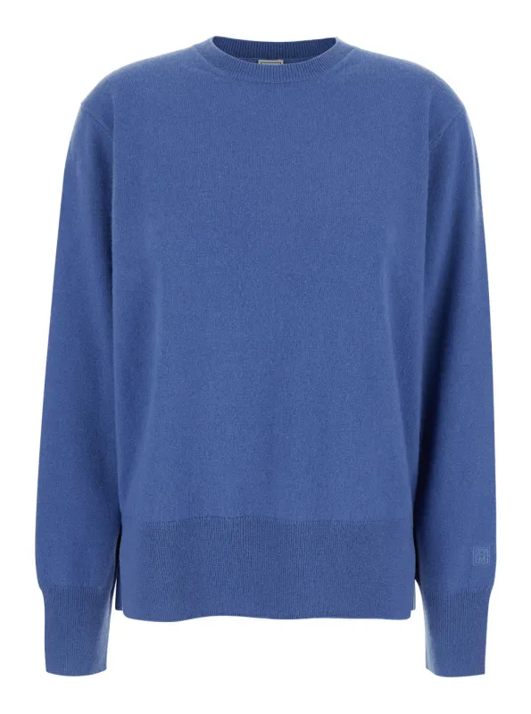 Blue Cashmere Crewneck Sweater with Logo made by Toteme