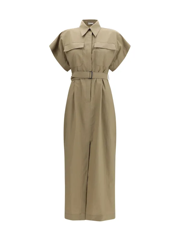 Midi Dress Pocket-Belted Earth Brown made by Brunello Cucinelli