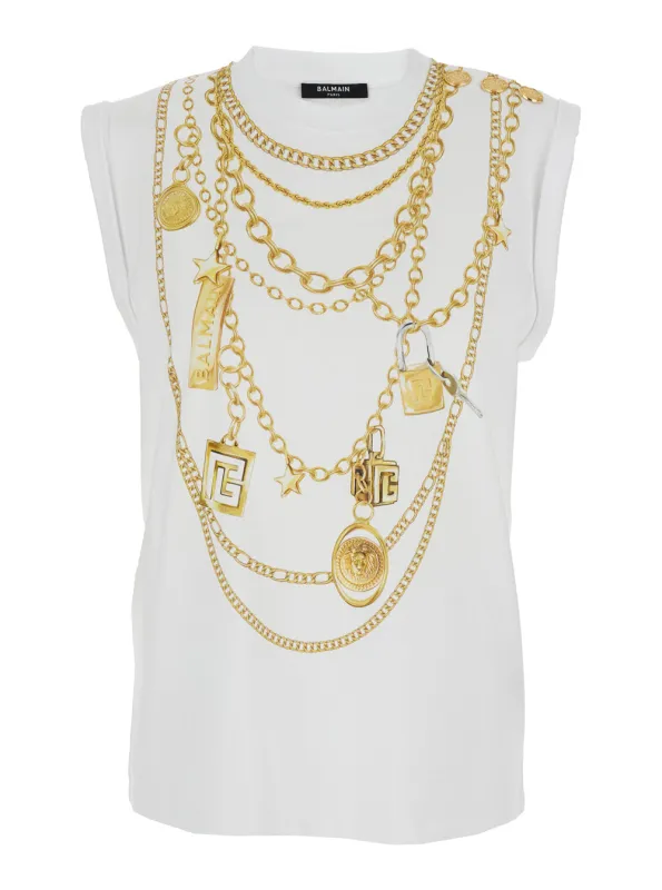 White Sleeveless Top with Maxi Necklace Print made by Balmain