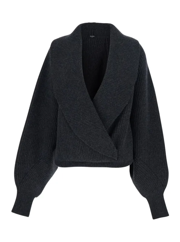 Grey Wool Sweater with Wrap Effect made by Balmain