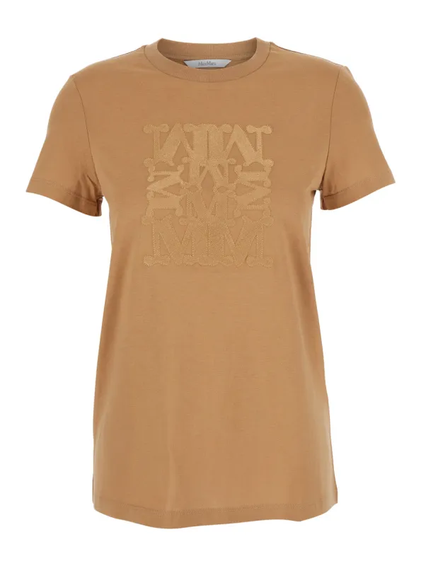 Beige Crewneck T-Shirt with Logo Embroidery made by MaxMara