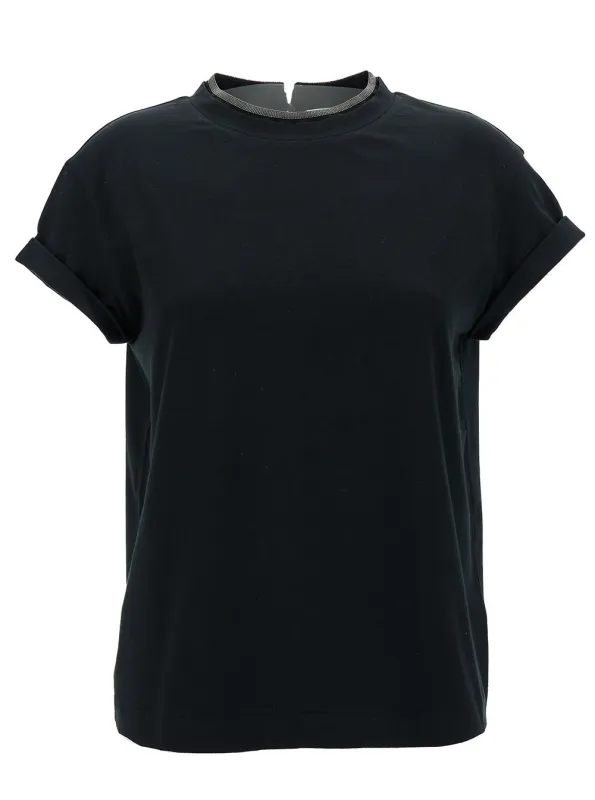 T-Shirt with Monile Detail in Black Cotton made by Brunello Cucinelli