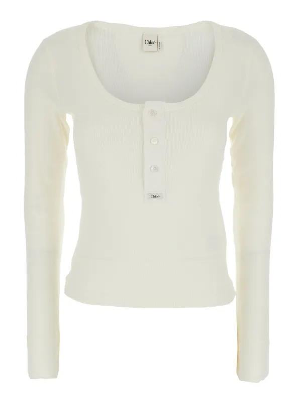 Long Sleeve T-Shirt White Ribbed Cotton made by Chloe