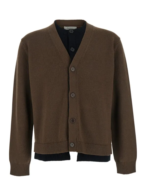 Brown V-Neck Cardigan with Layered Design made by J.W. Anderson