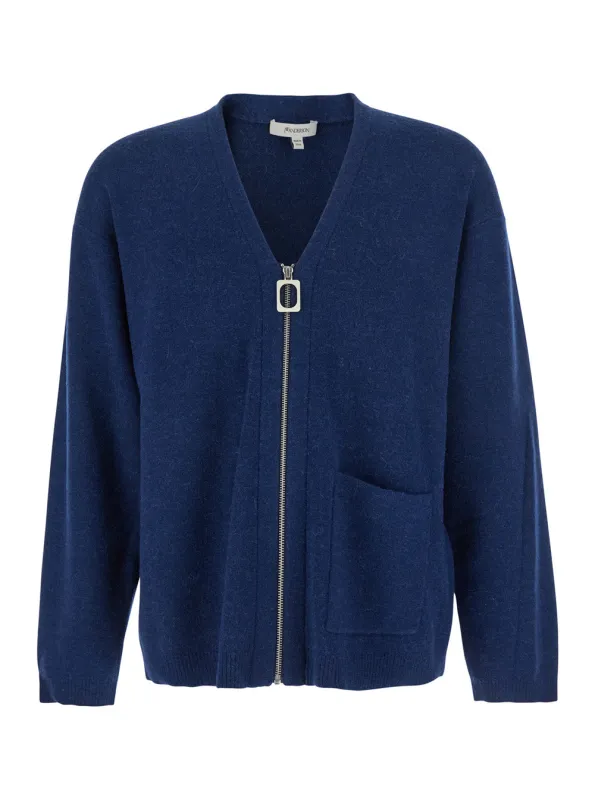 Blue Cardigan with V Neck and Zip Closure made by J.W. Anderson