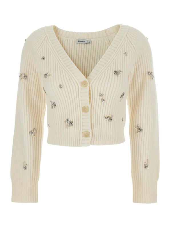 White Cropped Rhinestoned Cardigan with V Neck made by Simkhai