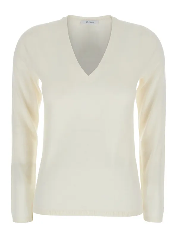 White Cashmere V-Neck Sweater for Women made by MaxMara